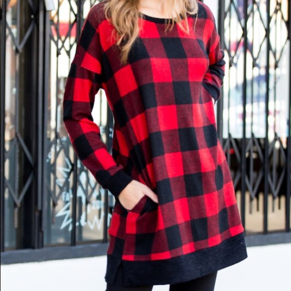 Red Buffalo Plaid Checkered Tunic Sweater - Picture 3 of 6